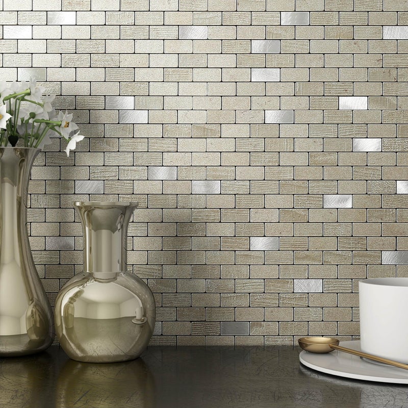 M MOFIT Metal Peel and Stick Brick Kitchen Backsplash Self-Adhesive Wall Mosaic Tiles for Fireplace Stove Bathroom(Champagne 10pcs) - Image 1