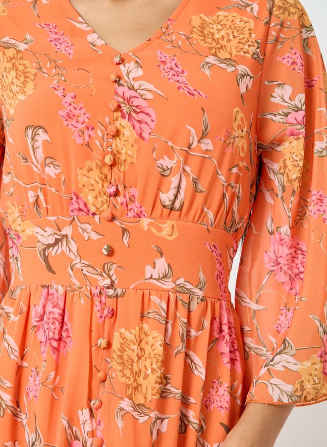 Styli Orange Floral Print Mermaid Maxi Dress with 3/4th Sleeves - Image 4