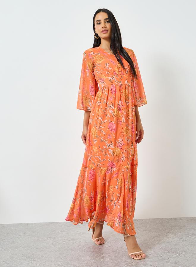 Styli Orange Floral Print Mermaid Maxi Dress with 3/4th Sleeves - Image 3