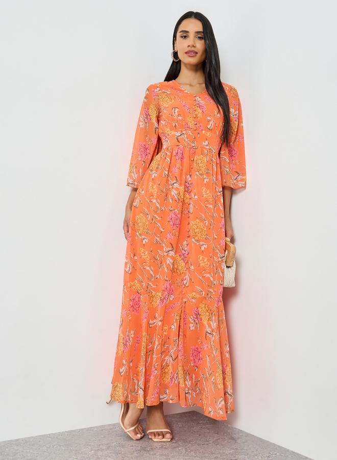 Styli Orange Floral Print Mermaid Maxi Dress with 3/4th Sleeves - Image 1