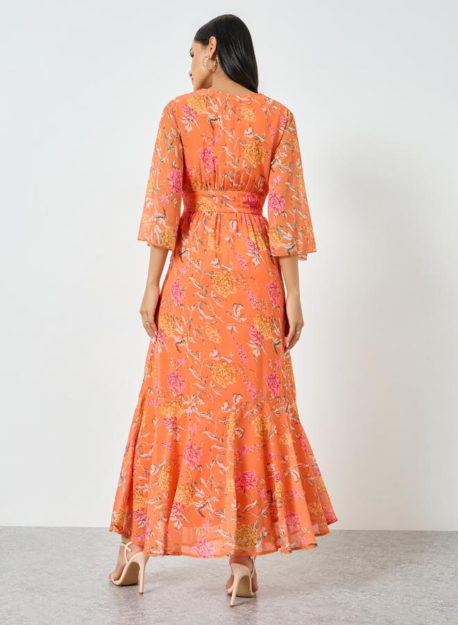 Styli Orange Floral Print Mermaid Maxi Dress with 3/4th Sleeves - Image 5