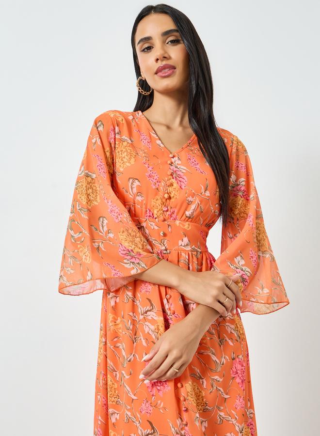 Styli Orange Floral Print Mermaid Maxi Dress with 3/4th Sleeves - Image 2