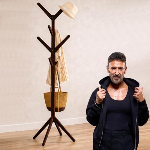 ADA® Premium Natural Bamboo Wood Free Standing Tree Shaped Display Coat Hanger Stand with 4 Tiers, 8 Hooks and Solid Feet for Clothes Scarves and Hats - Dark Brown, Cm - Image 1