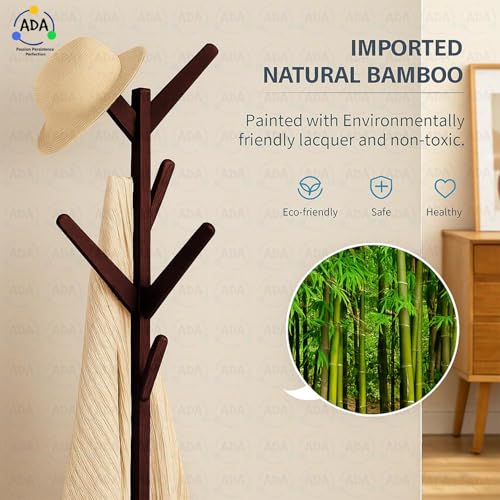 ADA® Premium Natural Bamboo Wood Free Standing Tree Shaped Display Coat Hanger Stand with 4 Tiers, 8 Hooks and Solid Feet for Clothes Scarves and Hats - Dark Brown, Cm - Image 2