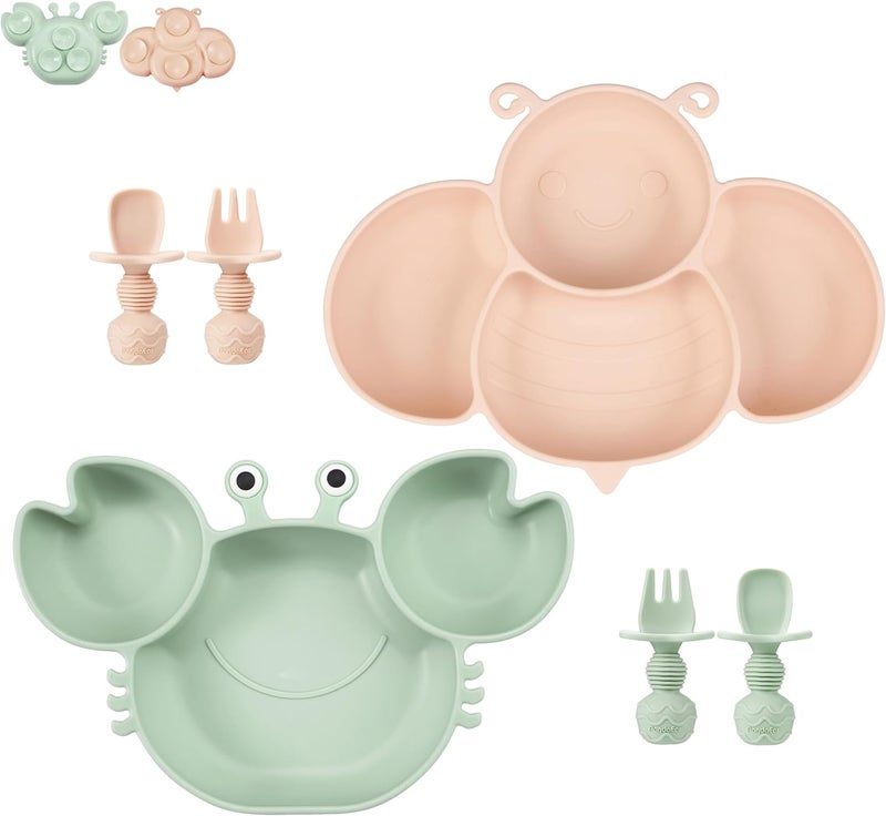 PandaEar 2 Pack Silicone Suction Plates for Toddlers Baby with 4 Spoons Self Feeding Divided Unbreakable Toddler Plates with Suction Baby Plates and Utensils Set Baby Dishes Green Crab  Pink Bee - Image 1