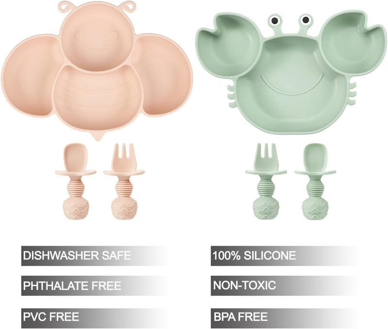 PandaEar 2 Pack Silicone Suction Plates for Toddlers Baby with 4 Spoons Self Feeding Divided Unbreakable Toddler Plates with Suction Baby Plates and Utensils Set Baby Dishes Green Crab  Pink Bee - Image 3
