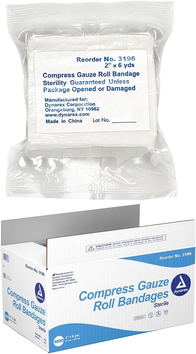 Dynarex Compress Gauze Roll Bandages - Highly Absorbent & Breathable Cotton Pressure Wraps - No Latex Rubber - Non-Adherent Gauze Roll Dressings - 2" x 6 Yards - Bulk Case of 1000