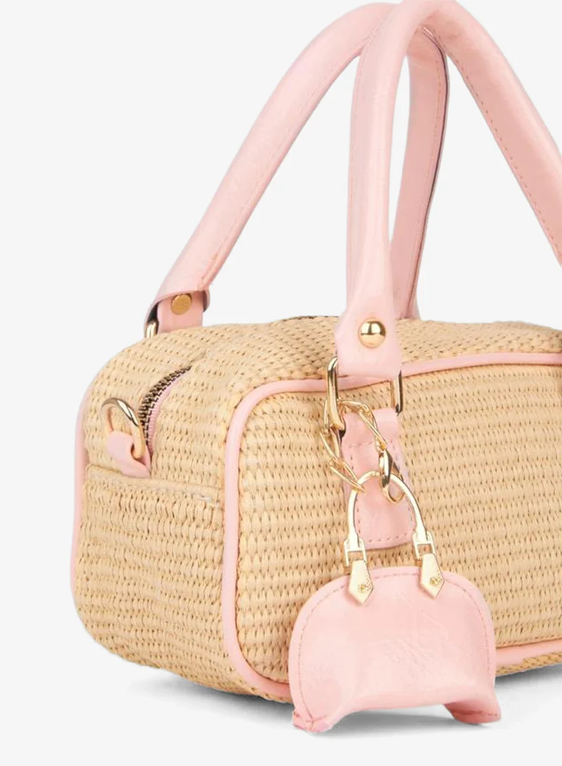 Women's Reed Straw Pink Charm Accessory Zipper Closure Hand, Arm and Shoulder Bag.