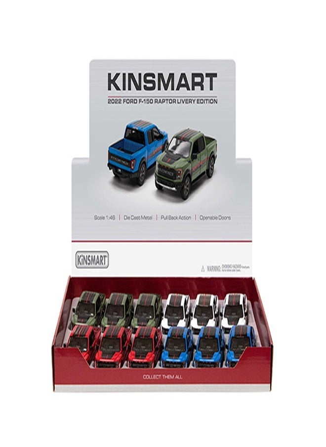 Kinsmart Pack of 12 Diecast Metal 2022 Ford F-150 Raptor Pickup Truck Die Cast Metal Doors Openable Pull Back Action Toy-Assorted Colours 
