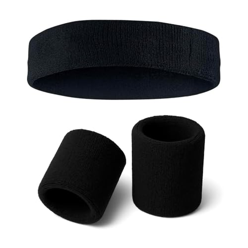 Gmefvr Sports Sweatband Headband & Wristband | Stretch, Soft, Sweat-Absorbing Cotton Blend | Gym, Running, Tennis, Basketball, Yoga | Unisex, Non-Slip, Washable (Headband + Wristband Black) - Image 1