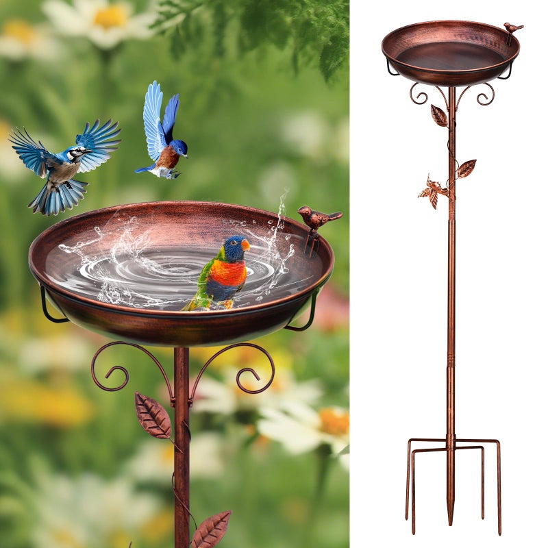 GRECOMEIN Metal Bird Bath for Outside with 2 Bird Decor, Hummingbird on Pole & Sparrow on Bowl, 38.5 Inch Height Garden Birdbath, 12 Inch Antique Bronze Freestanding Birdfeeder Bath for Yard Patio - Image 1