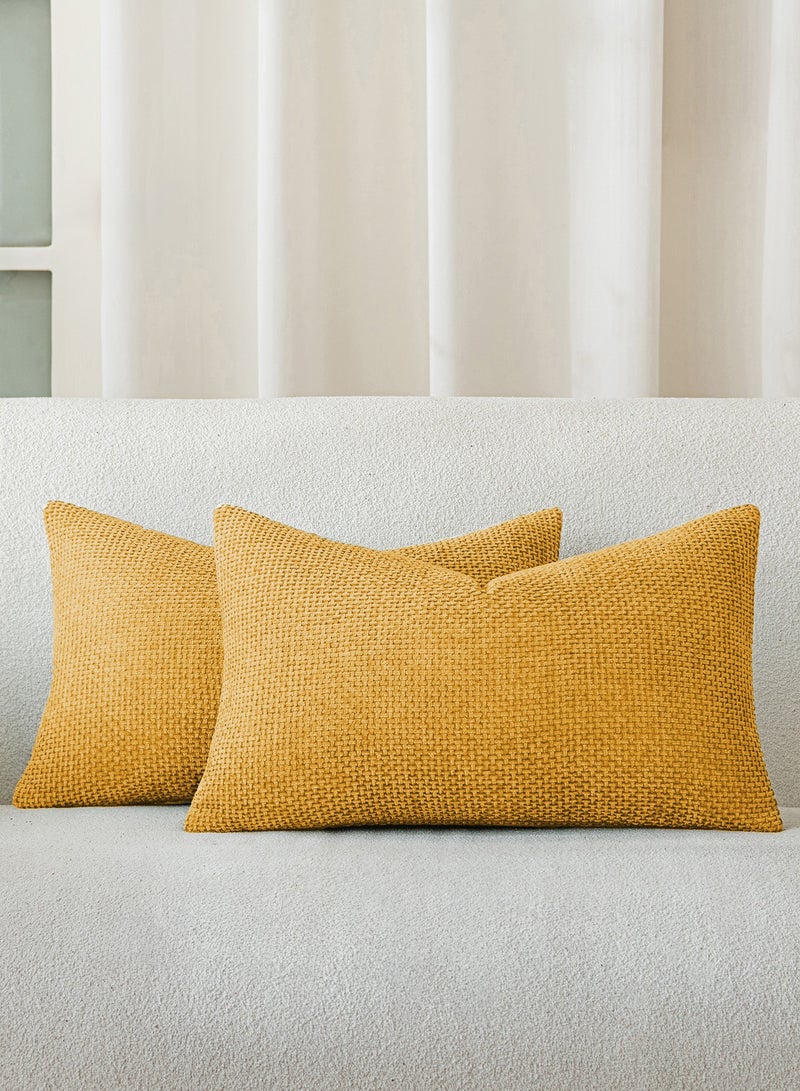 لحظة غطاء وسادة شنيلي باللون الأصفر الخردلي لحظة 30x50 سم عبوة من 2 غطاء وسادة زخرفي حديث من الطراز الريفي على شكل صليب. - Image 1