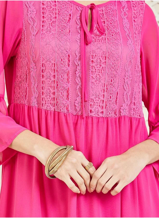 Styli Lace Detail Tie Up Neck Tiered Midi Dress