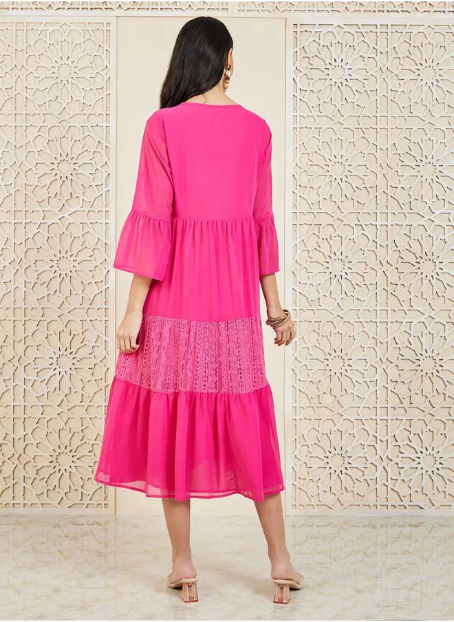Styli Lace Detail Tie Up Neck Tiered Midi Dress