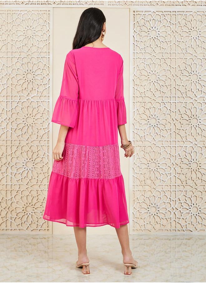 Styli - Lace Detail Tie Up Neck Tiered Midi Dress - Image 1