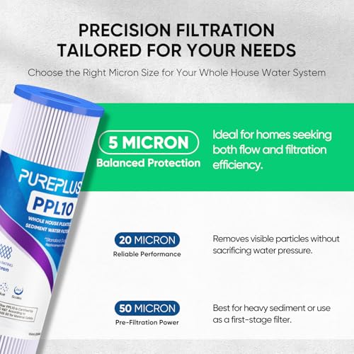 Pure Plus PUREPLUS 5 Micron 10"x2.5" Whole House Pleated Sediment Filter for Well Water, Replacement Cartridge for Universal 10 inch RO System, W50PE, WFPFC3002, SPC-25-1050, FM-50-975, 801-50, WB-50W, 4Pack - Image 3