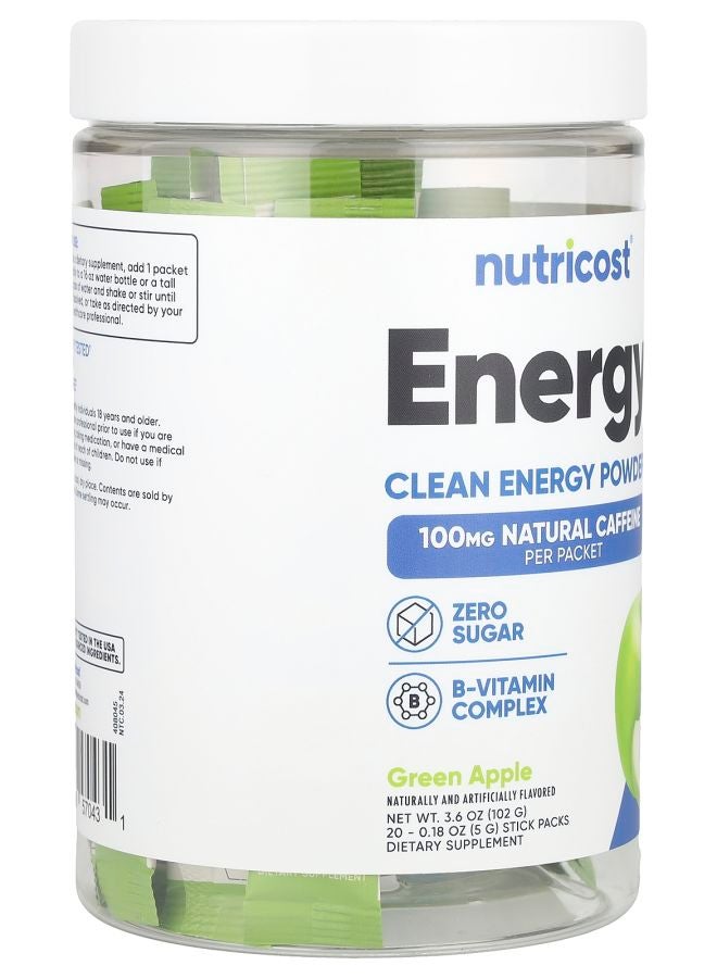 Nutricost Energy Clean Energy Powder Green Apple 20 Stick Packs 0.18 oz (5 g) Each - Image 2