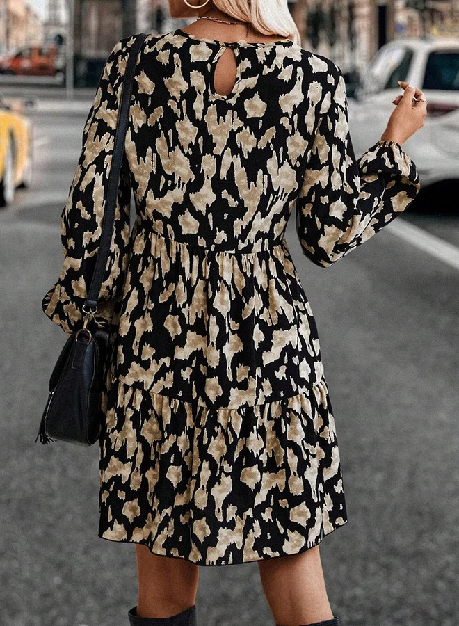 تايك تو Women's Allover Printed Round Neck Long Sleeve Mini Dress