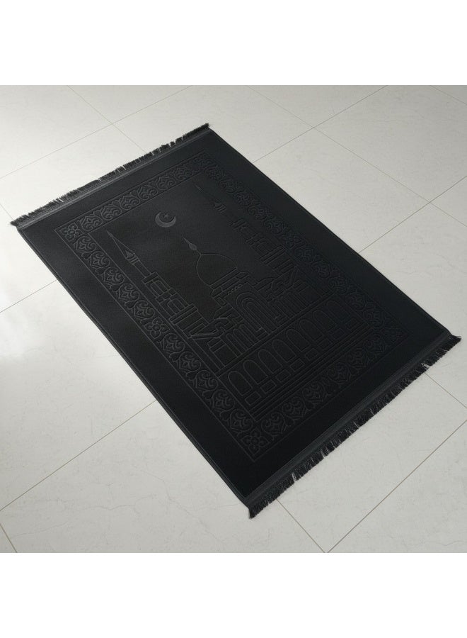 Fabienne Premium Velvet Top Prayer Mat Black 80x120cm Anti Slip Backing Large Islamic Janamaz Sajjadah for Men and Women Soft Comfortable Muslim Prayer Rug with Mosque Design Elegant Islamic Gift Mat for Daily Salah, Ramadan, Umrah and Hajj - Image 2