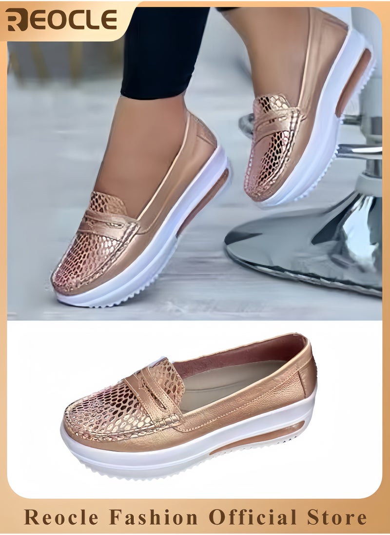 ريوكل النعال أزياء نسائية أحذية كاجوال نسائية ذات منصة أحذية مشي كاجوال من جلد PU بأسلوب عتيق أحذية عمل بنعل ناعم لزيادة الطول - Image 1