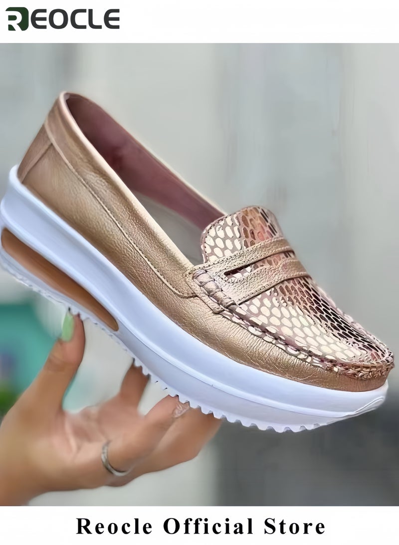 ريوكل النعال أزياء نسائية أحذية كاجوال نسائية ذات منصة أحذية مشي كاجوال من جلد PU بأسلوب عتيق أحذية عمل بنعل ناعم لزيادة الطول - Image 3