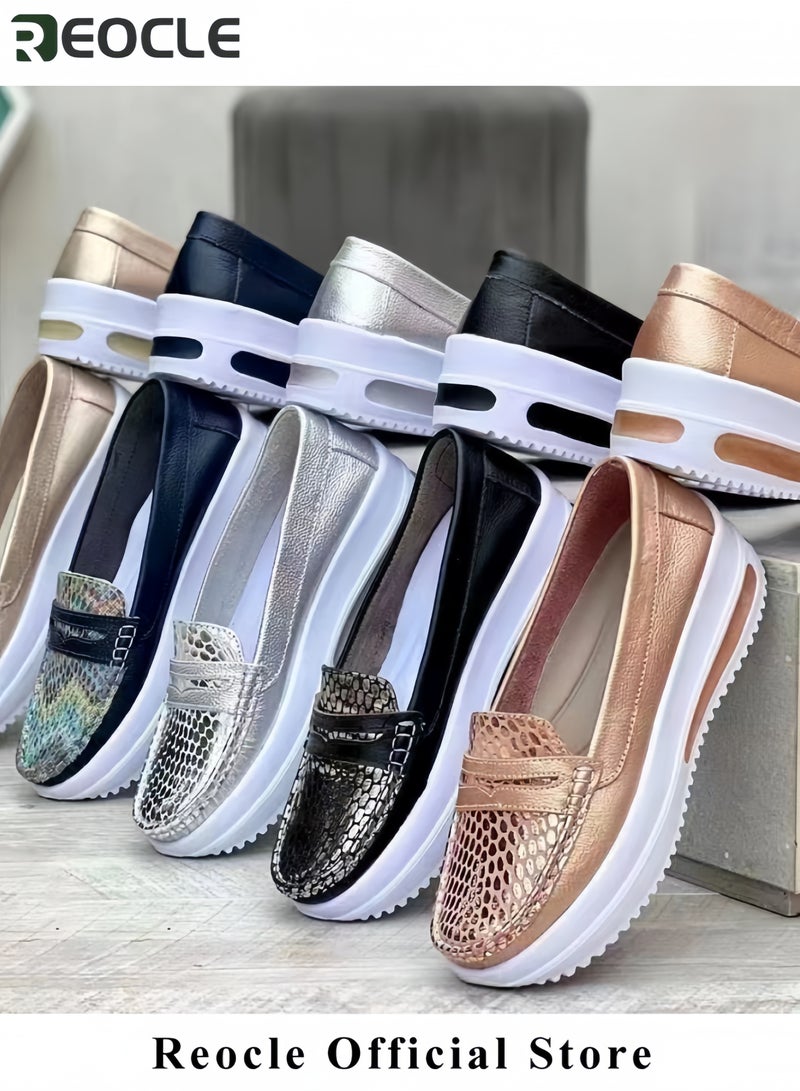 ريوكل النعال أزياء نسائية أحذية كاجوال نسائية ذات منصة أحذية مشي كاجوال من جلد PU بأسلوب عتيق أحذية عمل بنعل ناعم لزيادة الطول - Image 2