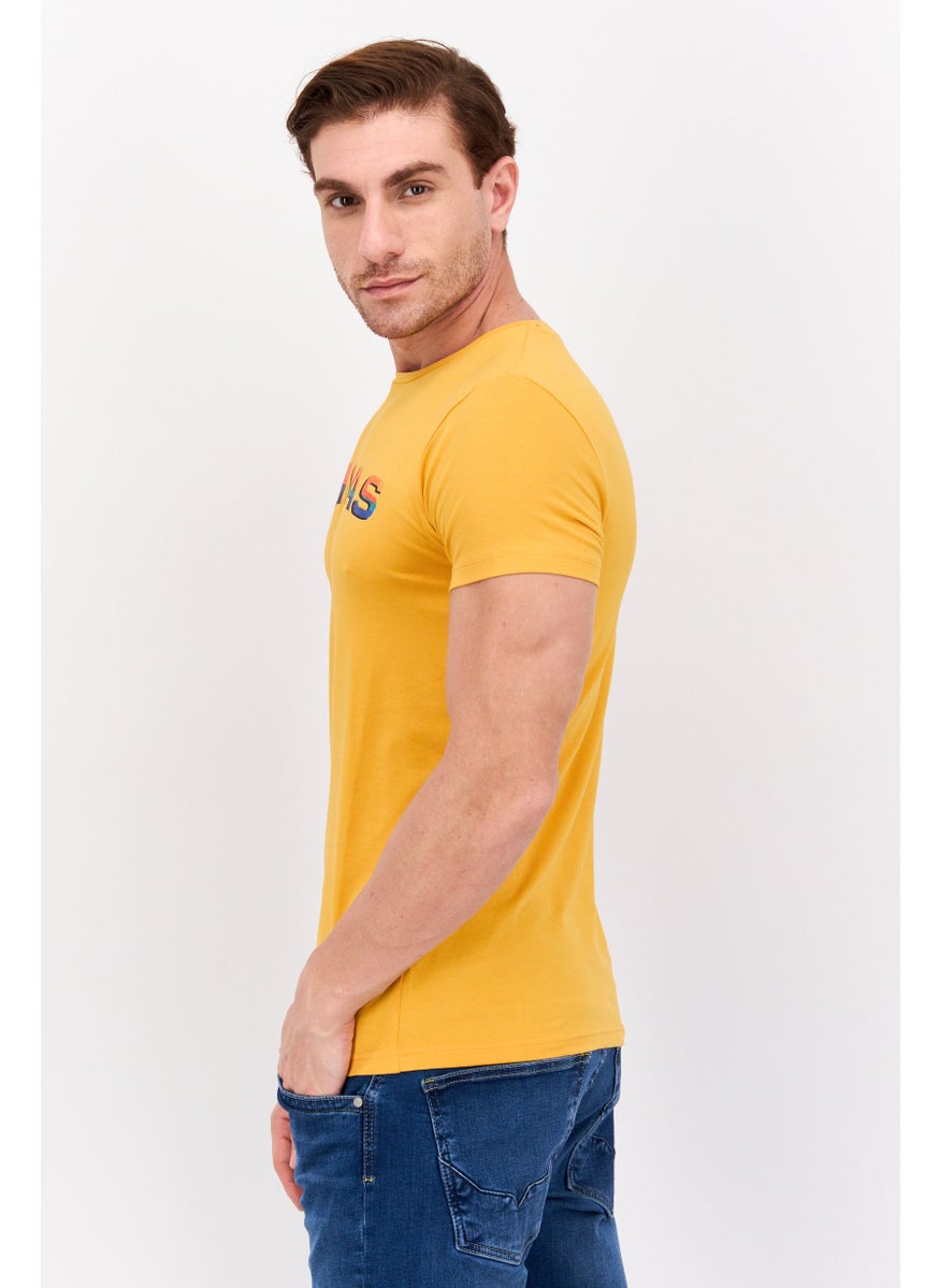 GAS - Men Slim Fit Crew Neck Short Sleeves Brand Logo T-Shirt, Mustard - Image 1