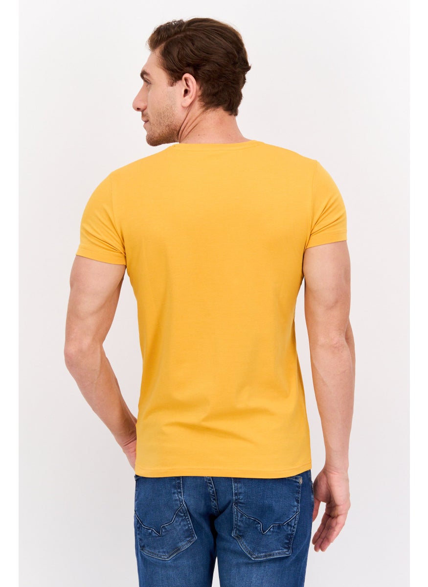 GAS - Men Slim Fit Crew Neck Short Sleeves Brand Logo T-Shirt, Mustard - Image 1