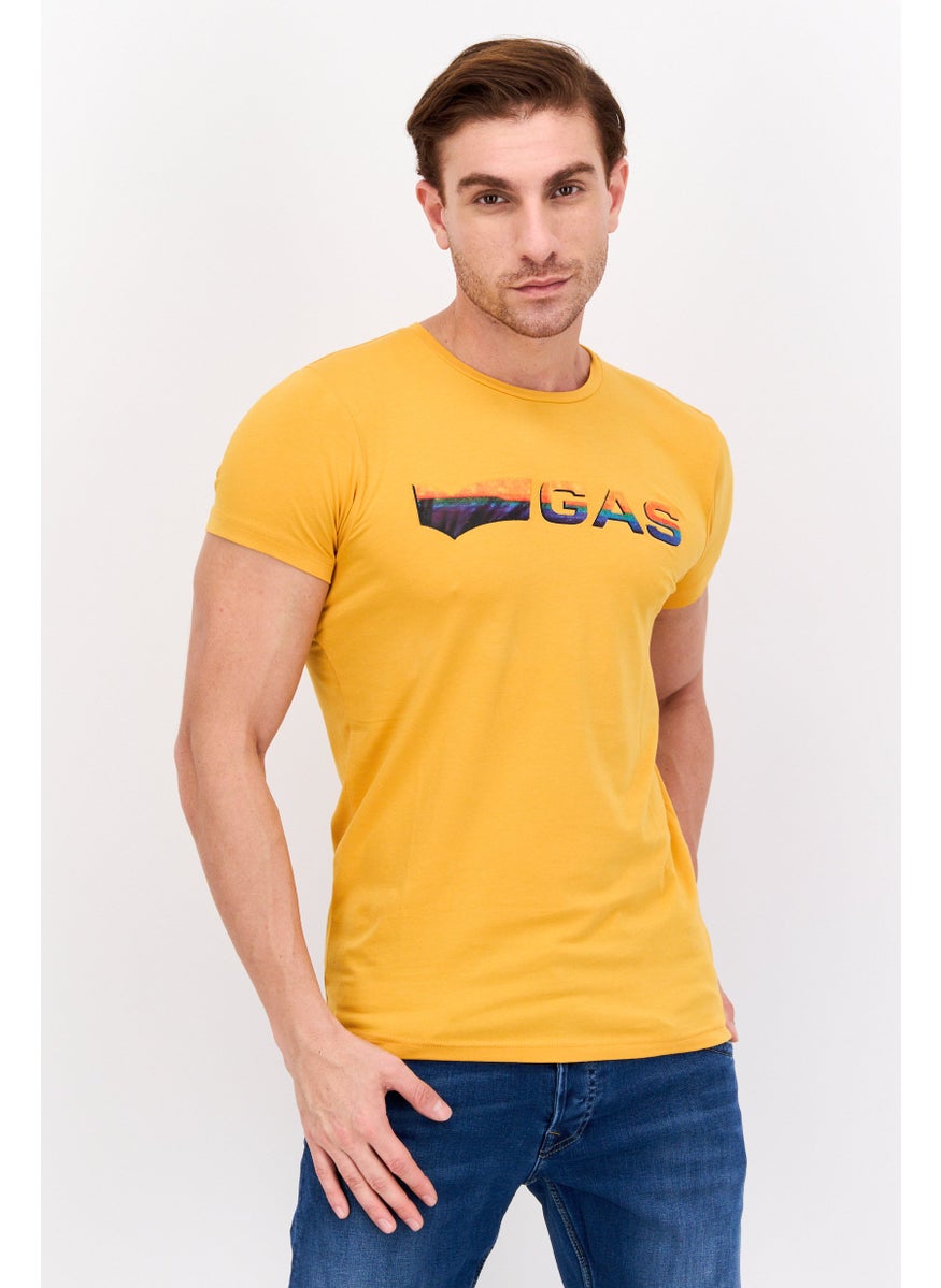 GAS - Men Slim Fit Crew Neck Short Sleeves Brand Logo T-Shirt, Mustard - Image 1