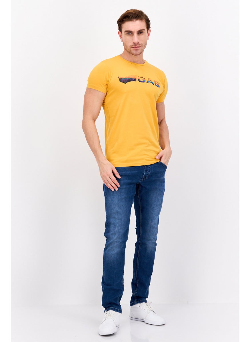 GAS - Men Slim Fit Crew Neck Short Sleeves Brand Logo T-Shirt, Mustard - Image 1