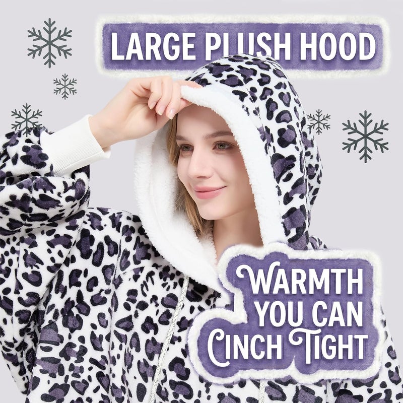 Qeils Wearable Blanket Hoodie for Women, Comfy Sherpa Sweatshirt Blanket as Birthday Christmas Gifts, Oversized Pullover Jacket Blanket Hoodie for Adult (Purple Leopard, Adult) - Image 3
