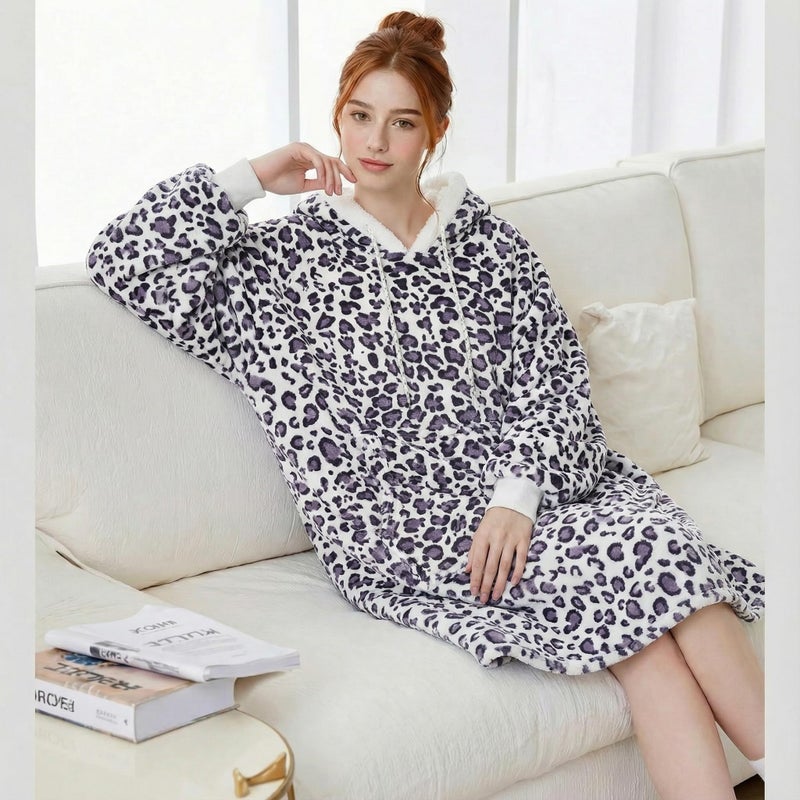 Qeils Wearable Blanket Hoodie for Women, Comfy Sherpa Sweatshirt Blanket as Birthday Christmas Gifts, Oversized Pullover Jacket Blanket Hoodie for Adult (Purple Leopard, Adult) - Image 2