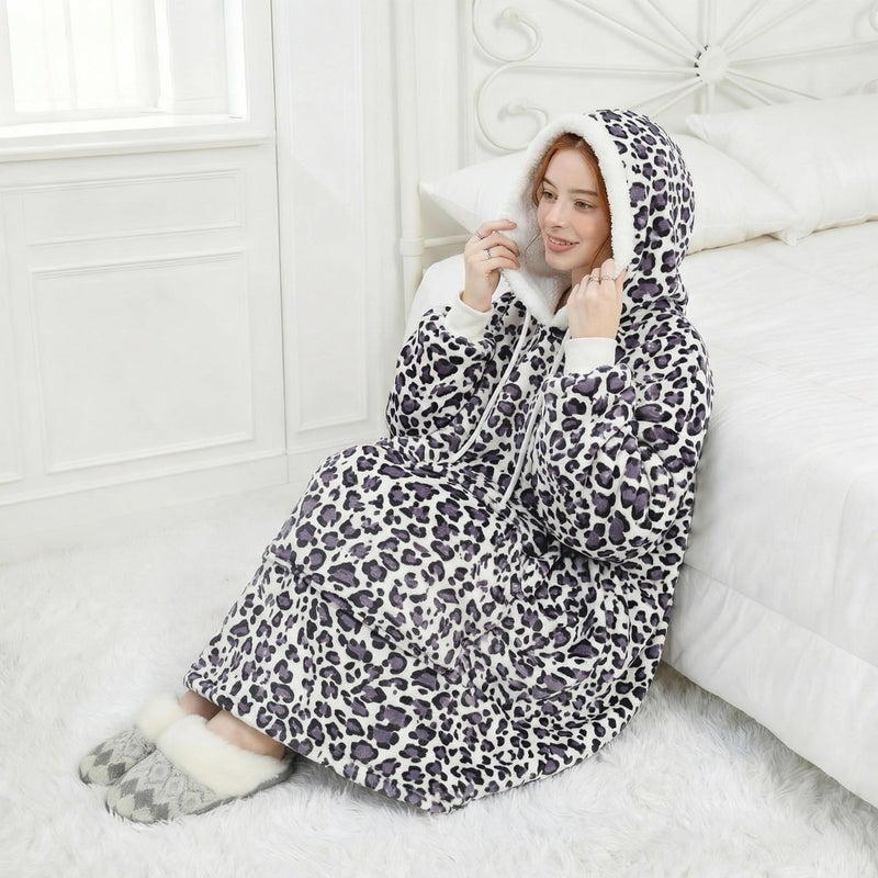 Qeils Wearable Blanket Hoodie for Women, Comfy Sherpa Sweatshirt Blanket as Birthday Christmas Gifts, Oversized Pullover Jacket Blanket Hoodie for Adult (Purple Leopard, Adult) - Image 5