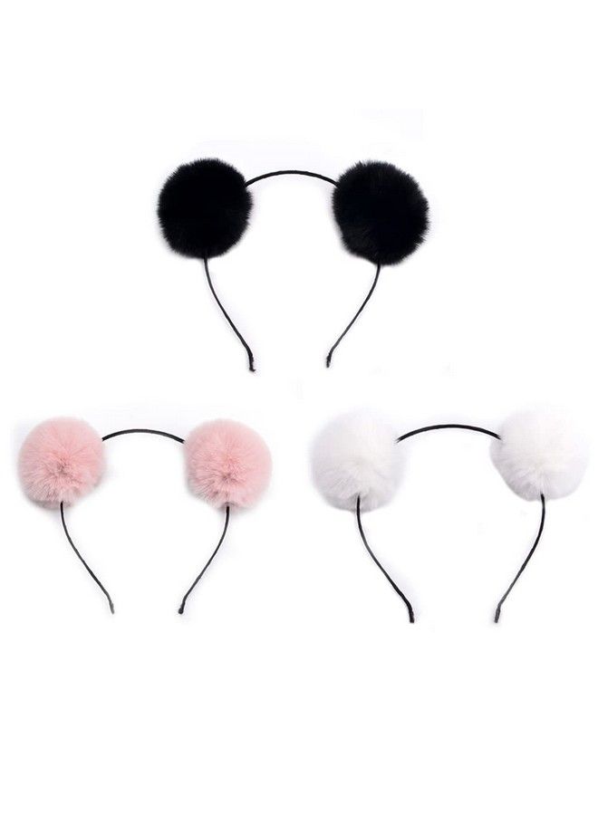 ericotry 3Pcs Fluffy Furry Pom Ball Headwear Panda Ears Headbands Elastic Hair Hoop For Cosplay Halloween Costume Birthday Party  - Image 1