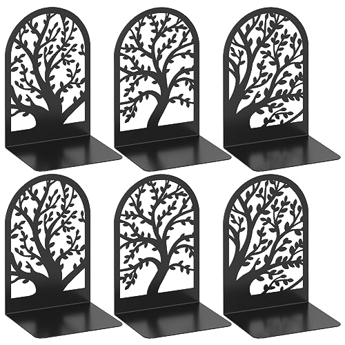 VFINE Bookend 3 Pairs, Decorative Book End, Bookends for Shelves, Desktope Book Ends, Book Stopper to Hold Books, Unique Black Metal Tree Book Holder for Home Office - Image 1