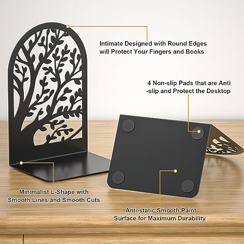 VFINE Bookend 3 Pairs, Decorative Book End, Bookends for Shelves, Desktope Book Ends, Book Stopper to Hold Books, Unique Black Metal Tree Book Holder for Home Office - Image 4