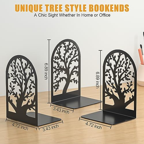 VFINE Bookend 3 Pairs, Decorative Book End, Bookends for Shelves, Desktope Book Ends, Book Stopper to Hold Books, Unique Black Metal Tree Book Holder for Home Office - Image 3