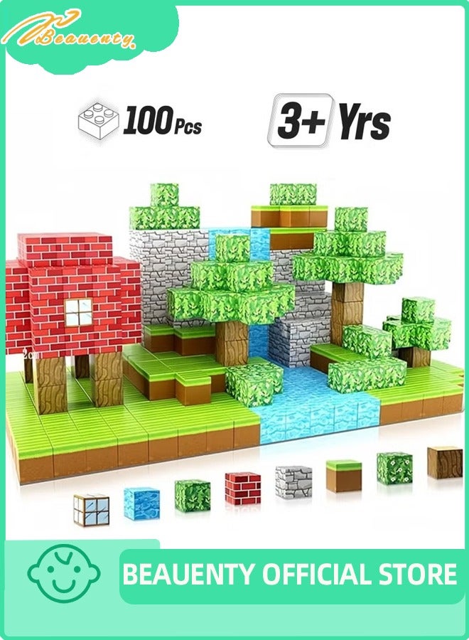 Beauenty Magnetic Blocks-Build Mine Magnet World Edition,Build a Forest World Set，STEM Montessori Sensory Toys for Toddlers Gifts for 3 4 5 6 7 8 9 10 Years Old，100PCS Fidget 0.8" Cubes Construction Toys Boys Girls Birthday Gift - Image 1