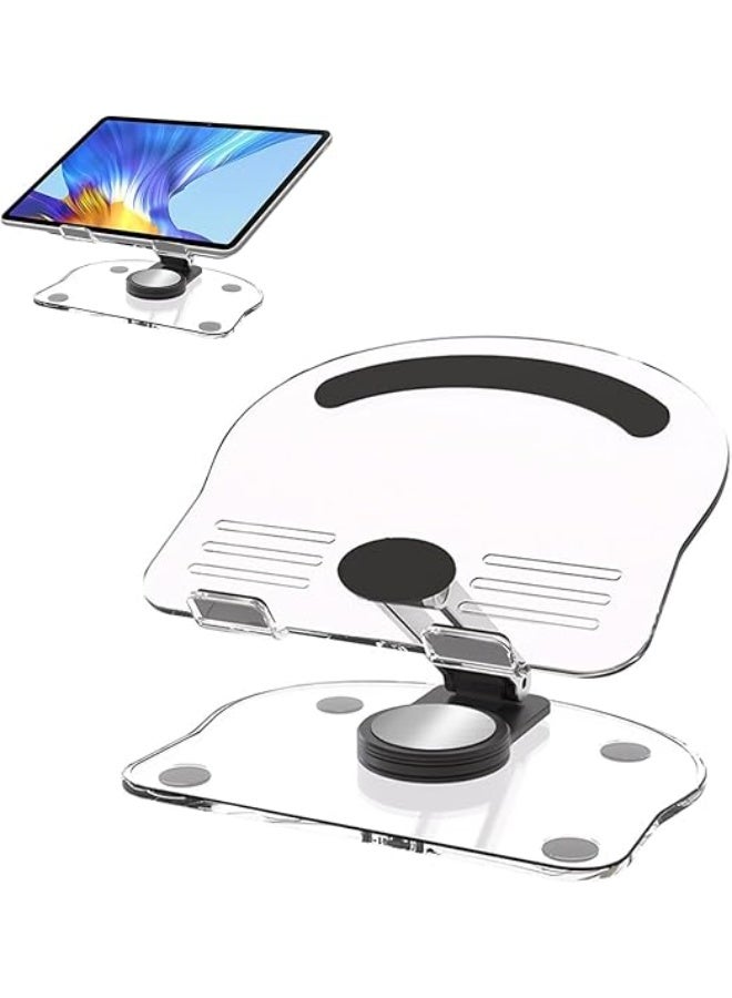 Acrylic Tablet Stand with 360-Degree Rotating Base – Transparent Adjustable Foldable Holder for Desk and Home – Compatible with Various Tablets (White) - Image 1