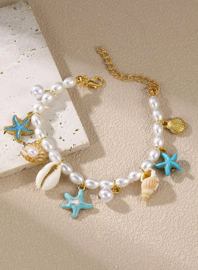 تايك تو Seashell and Starfish Charm Pearl Bracelet