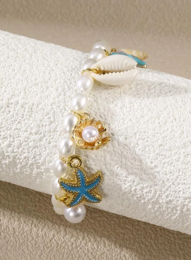 تايك تو Seashell and Starfish Charm Pearl Bracelet