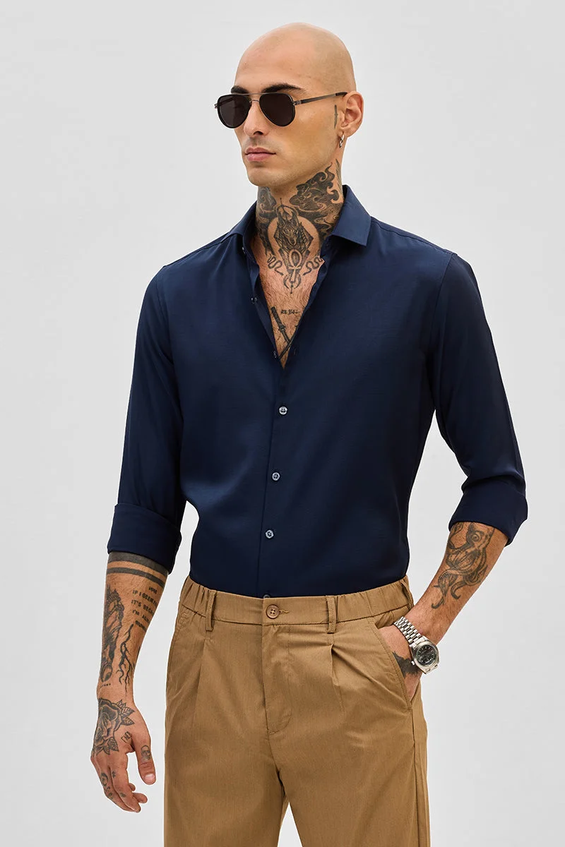 SNITCH Navy Solid Long Sleeve Slim Fit Formal Shirt