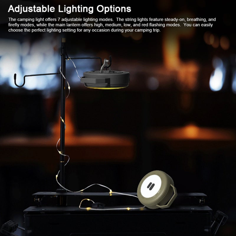 مصباح تخيلي LED: تصميم مزدوج 7 أوضاع إضاءة مضاد للماء بتصنيف IP67 لون خاكي - خيط إضاءة قابل للاندماج بمقدار 10 متر بطارية سعة 2000 ملي أمبير للاستخدام في المخيمات الخارجية التجمعات وتزيين الخيام - Image 5