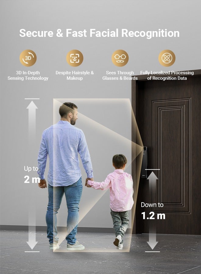 إيزفيز EZVIZ قفل ذكي Y3000FVP PLUS، قفل باب ذكي 8 في 1، قفل باب ببصمة راحة اليد والتعرف على الوجه ثلاثي الأبعاد، واي فاي مدمج + ذاكرة تخزين 8 جيجابايت، رؤية ليلية، اتصال داخلي نشط وسلامة الأطفال (نقر 6068) - Image 4