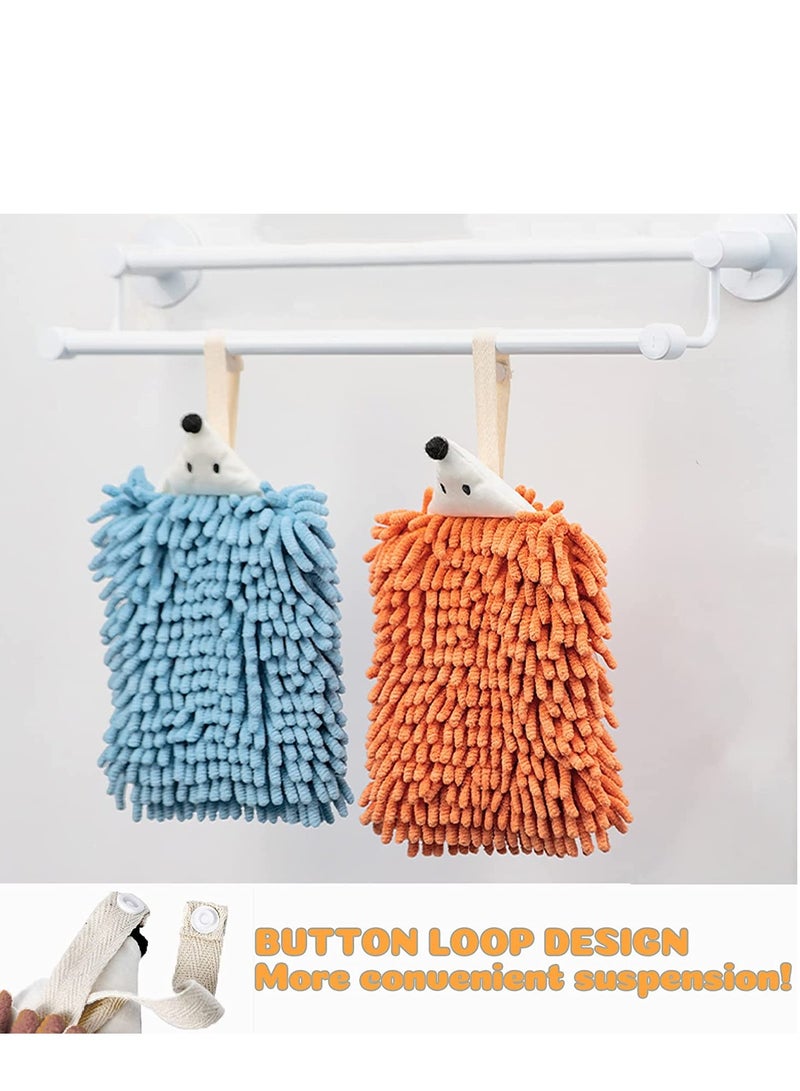 Barakah Hand Drying Towel Cute Hedgehog Chenille Hand Towel with Button Hanging Loop Microfiber Plush Absorbent Kids Hand Towels for Bathroom Kitchen Bedroom 2PCS - Image 3