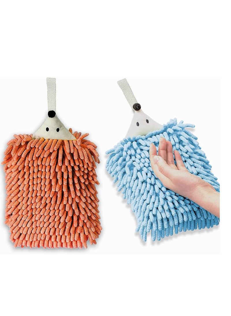 Barakah Hand Drying Towel Cute Hedgehog Chenille Hand Towel with Button Hanging Loop Microfiber Plush Absorbent Kids Hand Towels for Bathroom Kitchen Bedroom 2PCS - Image 1