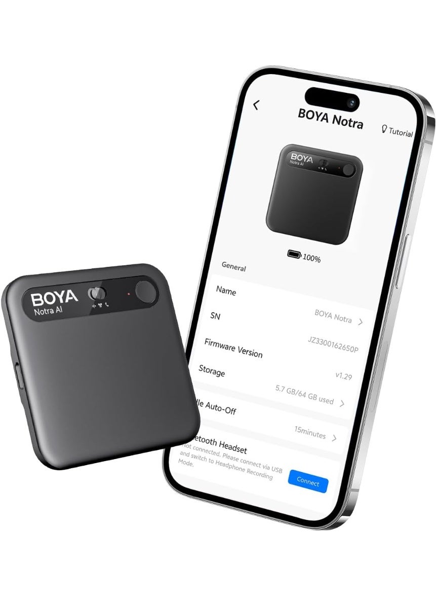BOYA Notra AI Voice Recorder 64GB Storage | AI Transcription & Smart Summaries | 140+ Languages | MagSafe Compatible | Bluetooth Call Recording | Black