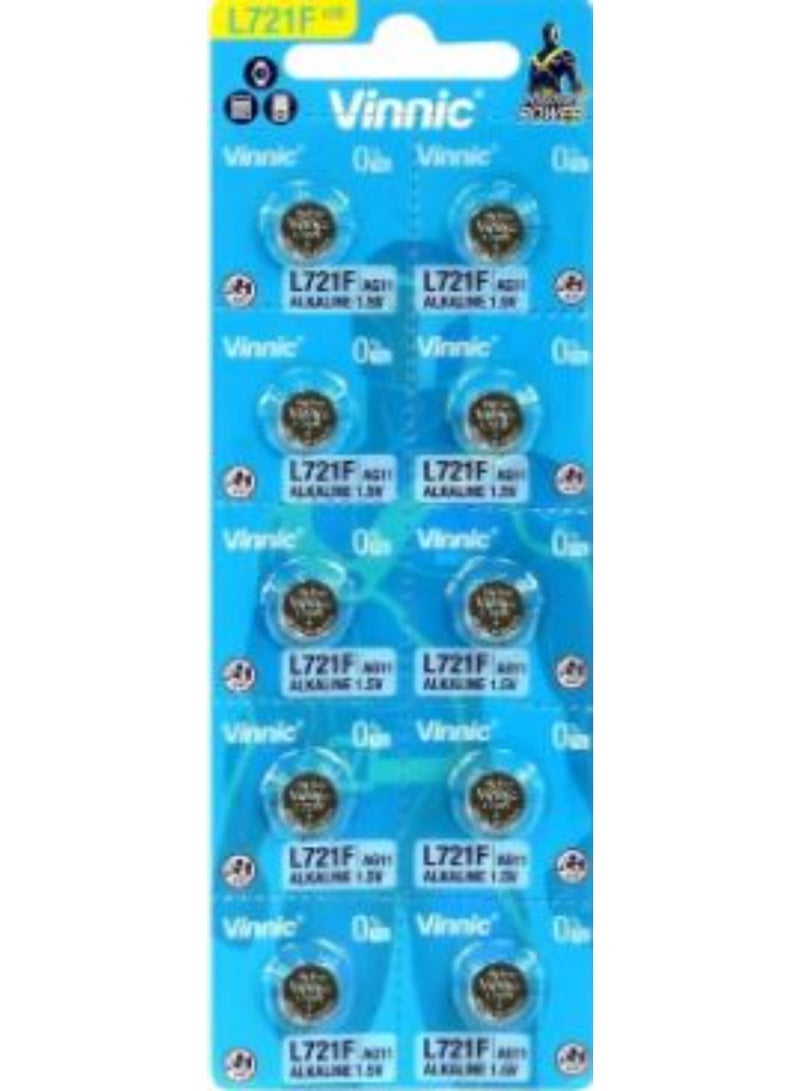 10 بطاريات قلوية Vinnic AG11 (L721F) بجهد 1.5 فولت وخالية من الزئبق (0% Hg)