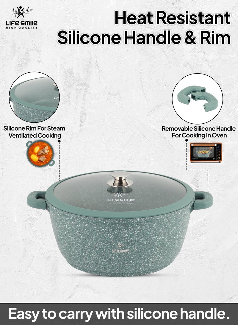 32cm Nonstick Cooking Pot - Life Smile 9.5L Non stick Pot,Multi Layer Non Stick Granite Coating 100% PFOA Free Stock Pot - Glass Lid With Silicone Rim Casseroles- Detachable Silicone Handles Cookware - Oven Safe Soup Pot(Green)