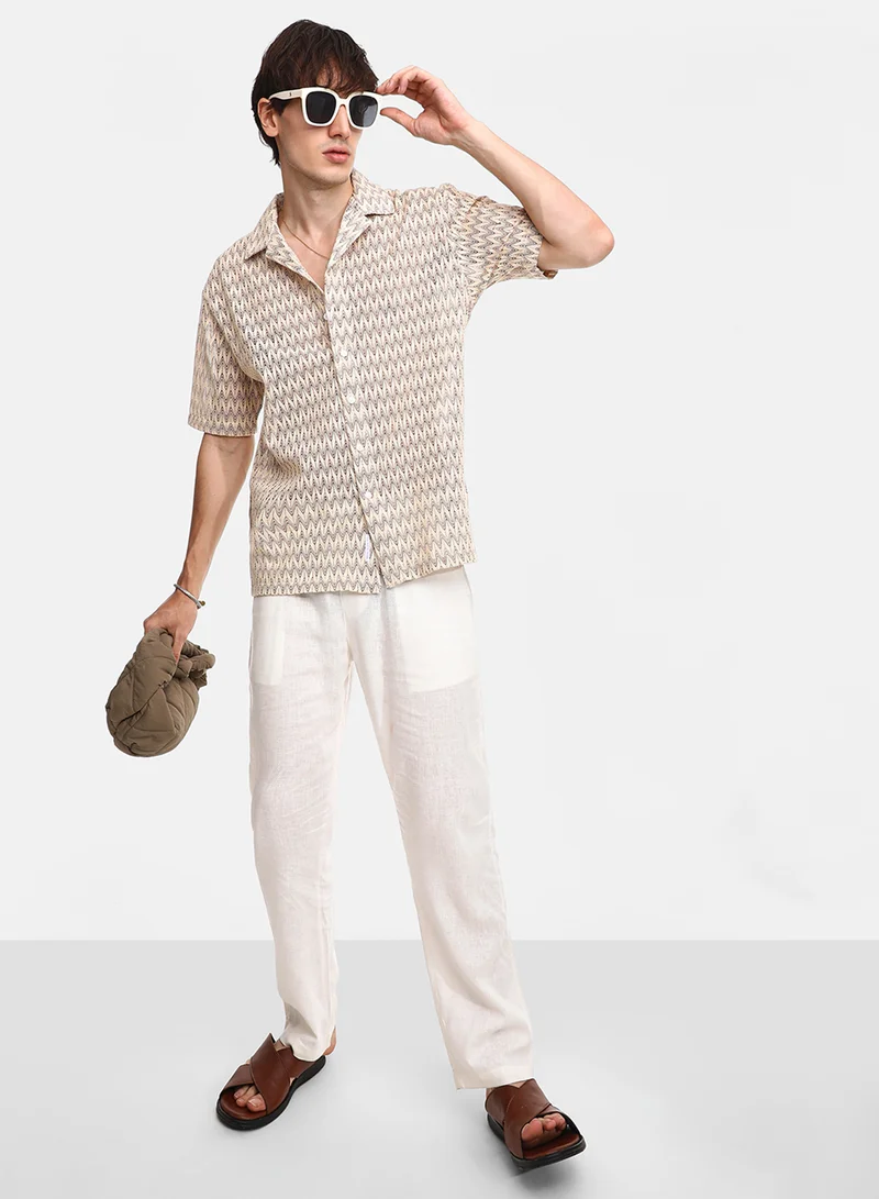 كامبوس سوترا Men's Canvas Beige Chevron-Knit Shirt